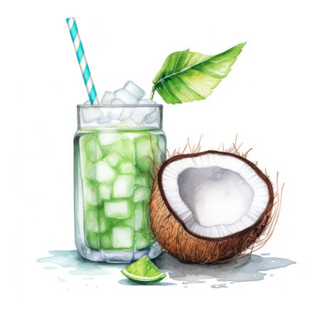 this stunning watercolor illustration depicts a refreshing coconut water cocktail with a slice of lime and a sprig of mint. the realistic details and vibrant colors make it a perfect addition to any tropical-themed design project. ai generatedの素材