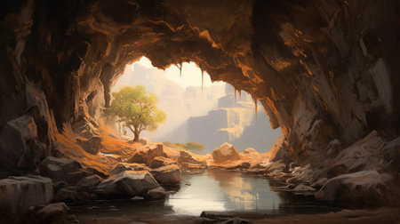 experience the beauty of a cave with stunning peachy and peaceful scenery captured in an overhead view with hyperrealistic details. the dynamic composition and dramatic lighting add depth and dimension to the image. ai generatedの素材