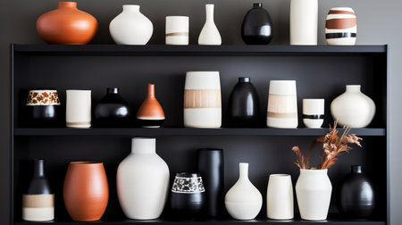 a beautiful display of vases and bowls made of porcelain in black, white, and terracotta colors arranged on a white and wooden shelf, showcasing their unique shapes and sizes. ai generatedの素材