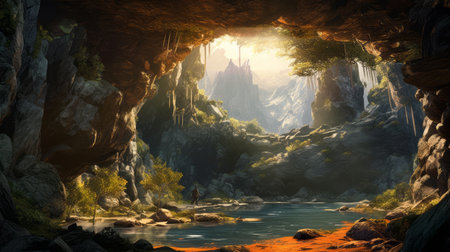 experience the beauty of a cave with a serene and peachy scenery captured in an overhead view with hyperrealistic details. the dynamic composition and dramatic lighting add depth and dimension to the image. ai generatedの素材