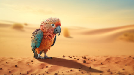 a parrot is seen walking through the desert, looking exhausted and worn out. ai generatedの素材
