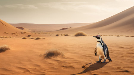 a penguin, far from its natural habitat, is seen walking through a hot and arid desert, looking exhausted and out of place. ai generatedの素材