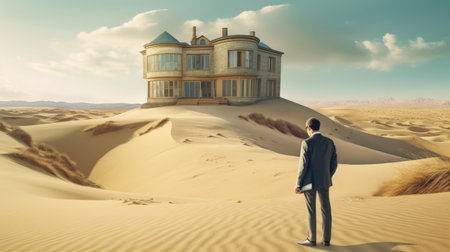 a real estate agent is standing on a dune, reminiscent of illustrations found in old biology textbooks. ai generatedの素材