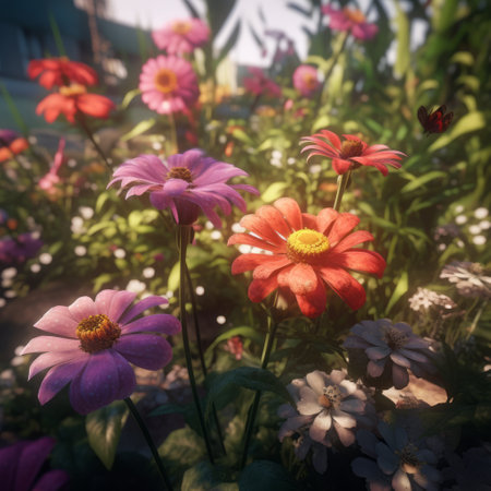experience the glorious and romantic scenery of sonian with lovely zinnias in the style of massurrealism, enhanced by the latest dazecore technology and rtx on graphics. ai generatedの素材