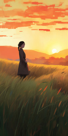 experience the beauty of nature with this stunning painting featuring vibrant, grassy fields, magical lighting, and a majestic sunrise. set in a japanese rural scenery, the artwork has a pop art deco style with elements of stylization inspired by artists such as atey ghailan and alena aenami. ai generatedの素材