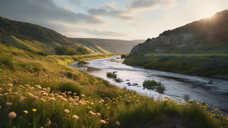experience the beauty of nature with this stunning shot captured on a hasselblad h6d-400c, 50mm lens f/2.8. the ultra-detailed image showcases a cliff overlooking a serene river that winds through rolling hills and blooming wildflowers. ai generatedの素材