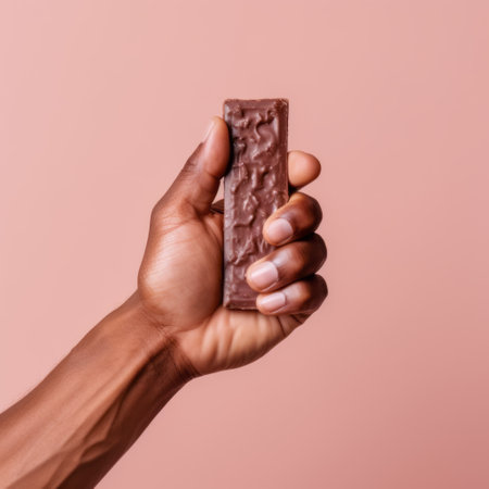 a hand holding an imaginary chocolate bar on a diffused single color background, belonging to an oatmeal lover. ai generatedの素材
