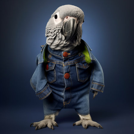 a cute parrot puppy is dressed in a pair of blue jeans. the puppy is perched on a branch and looking at the camera with its head tilted. this adorable picture is sure to make you smile!, ai generatedの素材
