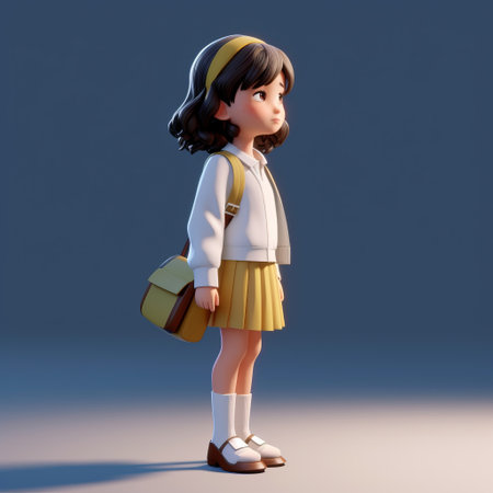 this is a full body figure of a cute little child wearing a school uniform and walking in a side view. the style is inspired by pixar and created using unreal engine 5.1. ai generatedの素材