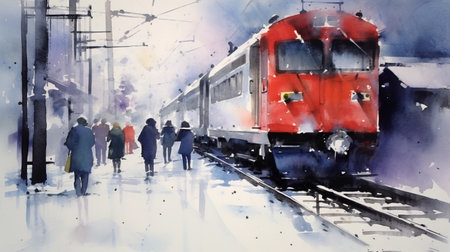 experience the beauty of japan's winter through this abstract art watercolor painting of a manned train. the painting captures the essence of the season with its cool color palette and unique style. ai generatedの素材