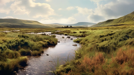 this hyper-detailed image, rendered using kodak ektar film, captures a panoramic view of a scottish landscape. the scene features a wetland with a river flowing through it, set against the backdrop of a hill. the use of groundcore and bentwood elements enhances the photo-realistic effect. ai generatedの素材