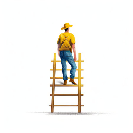 a male manager worker wearing a yellow and blue hat is climbing a dark brown ladder in a bright and colorful vector illustration. the illustration has a simple design with a 6 head scale and full-body depiction, set against a white blank background. ai generatedの素材