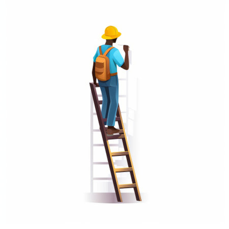a vector illustration of a male software developer climbing a dark brown ladder while wearing a yellow and blue hat. the illustration features a simple design with bright and colorful elements, and is presented on a white blank background. ai generatedの素材