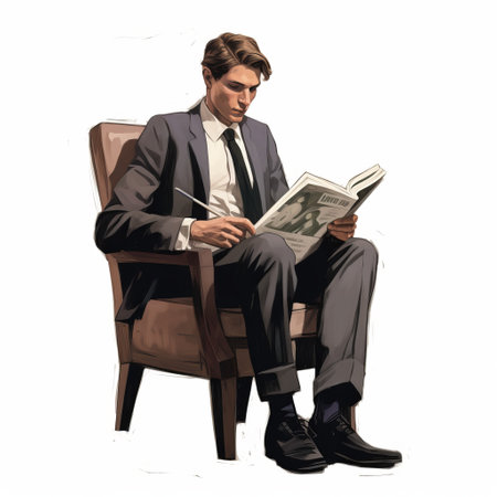 a modern and professional illustration of a young looking for alaska in his twenties, sitting in a chair and reading the paper. he is dressed in dark colored suits and the upper half of his body is set against a white background. ai generatedの素材