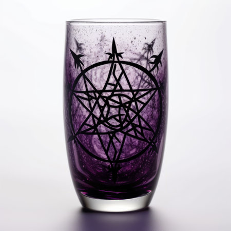 this glass features a minimalist design of gothic pentacles in dark purple and black colors against a white background. ai generatedの素材