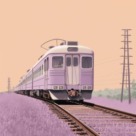 these ad posters feature a train with a lavender background in the style of annibale carracci. the designs are clean and simple, created by alessandro gottardo. the color scheme is light white and light orange, with the train colorized to stand out. ai generatedの素材