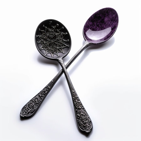 this spoon features a minimalist gothic design with pentacles in dark purple and black colors against a white background. ai generatedの素材