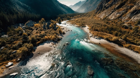 this photograph was taken with a dji mavic air 2 drone and a wide-angle lens, capturing the meandering flow and crystal-clear water of a mountain river. the natural lighting and shifting clouds create a dynamic and immersive scene, while the rich color palette reflects the beauty and diversity of the surrounding forest. ai generatedの素材