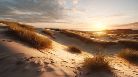 experience the beauty of a grassy field dune with earthy tones and hyper realistic details captured during golden hour. the horizon in the background adds to the breathtaking view. ai generatedの素材
