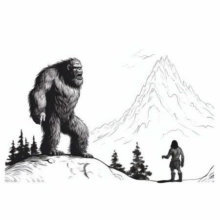 a simple line art clipart featuring bigfoot and minotaur standing on a mountain, looking lonely. the clipart has a white background. ai generatedの素材