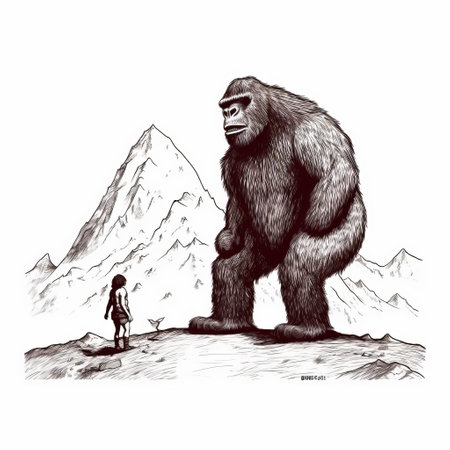 this simple line art clipart depicts a bigfoot and minotaur standing on a mountain, looking lonely. the white background makes it easy to use in various projects. ai generatedの素材