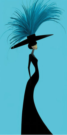 design an image of joan smalls in a blue dress and feathered hat with elegant use of negative space, light emerald and black colors, and inspiration from vivienne tam and nick walker. ai generatedの素材