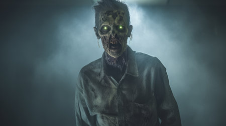 a terrifying undead creature, mutated by radiation, gazes directly at the camera with glowing eyes. ai generatedの素材