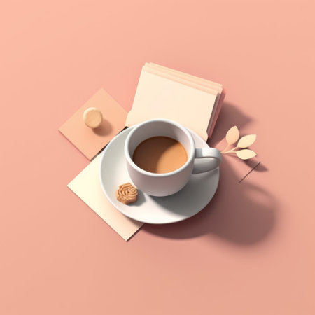 this artwork features envelopes depicted as a cup of coffee and a notebook, with a papercut illustration style and soft colors. the design is simple and minimalistic. ai generatedの素材