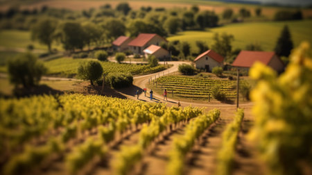 experience the stunning beauty of an italian landscape captured through a tilt-shift lens. the photo-realistic aerial view showcases a winery field with clean sharp focus, depth of field, and beautifully-color-coded hyper-detailed scenery. this award-winning photograph taken by takumar 105mm f/2.8 c 50 lens on a sunny day is strikingly vibrant and subtly sunny. ai generatedの素材