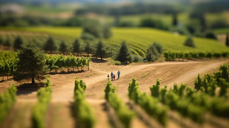 experience the stunning beauty of an italian landscape captured through a tilt-shift lens. the scenery is strikingly vibrant and subtly sunny, with an aerial view that showcases the winery field. this photo-realistic image taken by takumar 105mm f/2.8 c 50 has won awards for its clean sharp focus, depth of field, beautifully-color-coded, and hyper-detailed features on a sunny day. ai generatedの素材