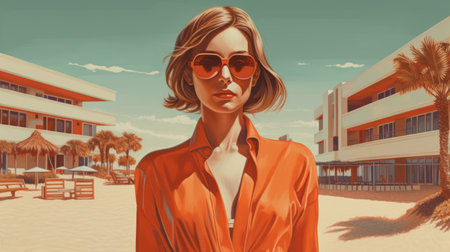 an orange dress paired with sunglasses creates a stunning beach look in this hyper-detailed portrait. the charming character illustration showcases the beauty of the dress against a serene beach background. the use of spectralist and city portrait styles adds a unique touch to the image, while the shiny-glossy effect enhances the dress's vibrancy. the muted tones create a calming effect, making the image perfect forの素材
