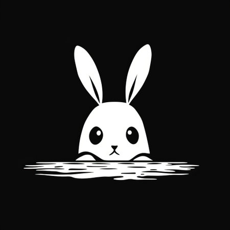 the rabbit in this minimalist black and white photo is standing on water with its head raised, creating a striking contrast against the black background. the anime-inspired character design and necronomicon illustrations add a unique touch to the image, while the emphasis on negative space draws the viewer's attention to the rabbit's shiny eyes. this kawaii art piece is perfect for those who appreciate simpleの素材