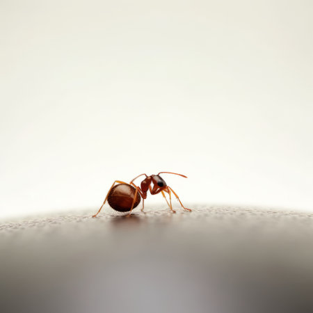 the small ant crawls on a smooth gray surface, while a bug stands nearby in this kitchen still life rendered in cinema4d. the style features a light amber and maroon color scheme, with high-key lighting that highlights the realistic attention to detail. created by artist dan matutina, the scene is brought to life with light white and orange tones. keywords: ant, bug, gray surface, kitchenの素材