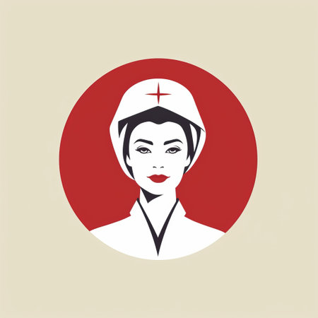 the nurse's face in this illustration is a stunning example of oriental minimalism. the vintage imagery is enhanced by the dark white and light red color scheme, which gives the piece a sense of depth and texture. the logo is a nod to japanese influence, while the religious iconography adds a touch of spirituality to the overall design. the glamorous pin-up style of the illustrationの素材