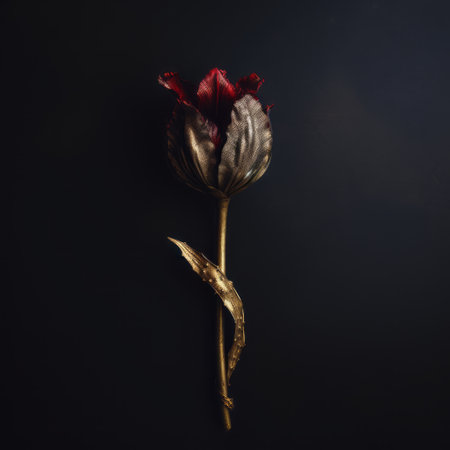 experience the allure of verbena with our stunning studio photography featuring a smooth black tulip, a shiny 24k gold stem, gold accents, and red sapphires on petals. the moody dark lighting and high detail texture add depth and drama to the composition. ai generatedの素材
