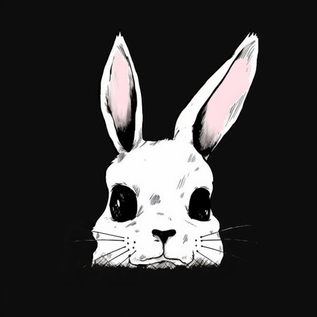 rabbit with big ears, hand-drawn style, staring into the darkness. this 8k resolution portrait features a simplified and stylized depiction of the beloved animal, with white and pink hues standing out against a black background. the detailed texture adds depth and dimension to the image, which was shot on 70mm film. perfect for animal lovers and those seeking a unique and artistic addition to theirの素材