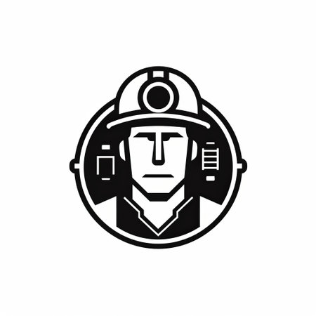 the black and white character in this image is wearing a hard hat, giving off a strong and professional vibe. the style of the illustration is reminiscent of logos and dieselpunk, with a minimalist and monochromatic approach. the white background allows the strong linear elements to stand out, creating a bold and striking image. captured using a mamiya rb67, this portrait is perfect for thoseの素材