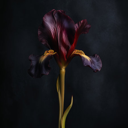 a stunning black tulip iris with a smooth texture and intricate details, featuring a shiny 24k gold stem and gold accents. the petals are adorned with beautiful red sapphires, creating a striking contrast against the dark moody background. this studio photography setting captures the high detail texture of the flower. ai generatedの素材