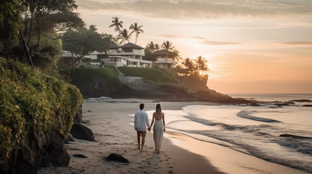 the photo captures a beautiful moment of young newlyweds walking hand in hand on a tropical beach, reminiscent of the style of emerson silva. the contrast of dark white and light bronze hues creates a stunning visual effect, similar to the large-scale photography of alfred heber hutty. the architectural chic of the surroundings adds to the serene and calm atmosphere of the scene. this photoの素材