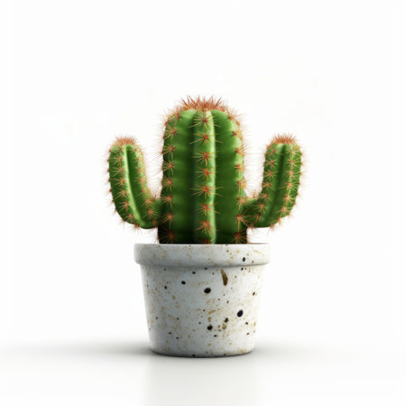 the cactus in a pot takes flight, scattering vibrant green leaves across a pristine white screen. this stunning photo captures the essence of photosurrealist photorealism, with explosive pigmentation and a concrete brutalism aesthetic. the intricate details of the cactus, created using zbrush, are juxtaposed with the strong facial expression and graceful balance of the composition. the spiky mounds of the cactus add a touch ofの素材