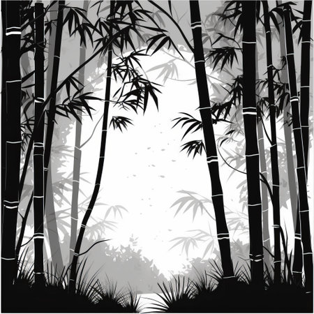 a mesmerizing bamboo forest captured in an intricate black and white illustration style. the background features striking red bamboo, while the foreground is adorned with detailed wildlife and flowing silhouettes. the grayscale effect adds depth and contrast to the image, with dark whites and browns creating a misty and dappled effect. this stunning photo is a perfect representation of the beauty and serenity of nature,の素材