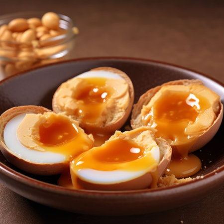 this photograph showcases a unique dish topped with peanuts and eggs, filled with a colorful array of jelly beans and nuts. the dish is presented in the style of nobuo sekine, with a delicacy of touch that is truly impressive. the sepia tone of the image adds a vintage feel, while the explosive pigmentation of the jelly beans and nuts creates a striking contrast. theの素材