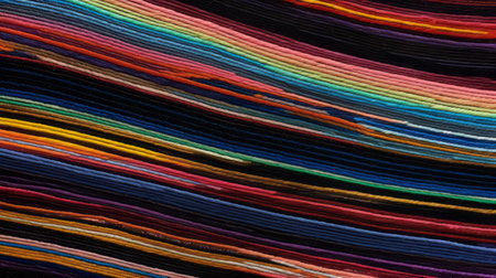 this photo showcases a vibrant strip of fabric in the style of subversive fiber art. the multilayered dimensions and bold chromaticity of the piece create a striking contrast against the black background. the raw materials used in the creation of this piece are evident in the tangled forms and intricate details. the influence of the quito school is apparent in the high horizon lines andの素材