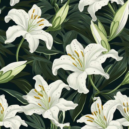 this photo showcases a stunning seamless white lily pattern set against a black background. the realistic detailing of the lilies is captured in dark beige and green hues, creating a nature-inspired piece that is sure to catch the eye. printed using the high-quality ferrania p30 and holotone printing techniques, this image boasts blink-and-you-miss-it detail that is sure to impress. whether used as a standalone pieceの素材