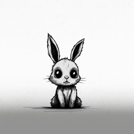 the rabbit in this black and white drawing is depicted in a charming character style, sitting on a flat surface. the minimalist background adds to the simplicity of the image, while the style of the drawing is reminiscent of artists such as kevin hill and skottie young. this adorable rabbit illustration is perfect for those who appreciate cute and whimsical artwork, and would make aの素材