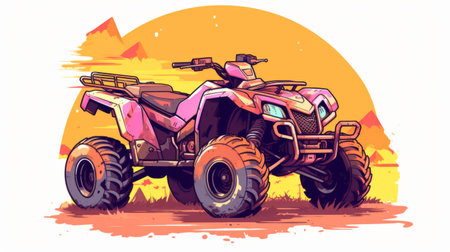 the quad bike in this photo is a stunning example of crisp neo-pop illustrations. the pink and amber colors make it stand out, while the 2d game art style gives it a unique look. the explosive wildlife and clean, sharp inking add to the overall effect, and the bold use of line and reduced palette make it a true work of art. whether you're aの素材