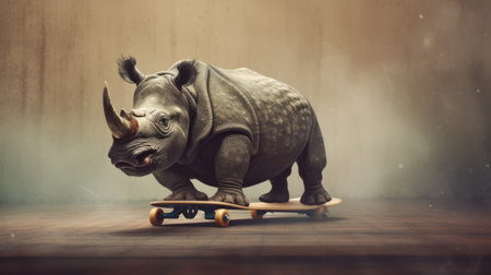 a video of a rhinoceros riding a skateboard goes viral as the animal gets scared and jumps off the board. ai generatedの素材