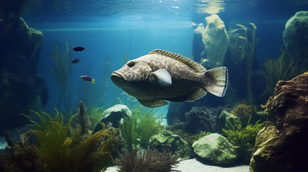 the fish in this photo are swimming gracefully in a glass aquarium, surrounded by a smokey background that adds to the naturalistic feel of the image. the exhibit is highly interactive, with detailed marine views and foliage that create a sense of depth and realism. the style of the photo is reminiscent of the work of pieter claesz, with a focus on intricate details andの素材