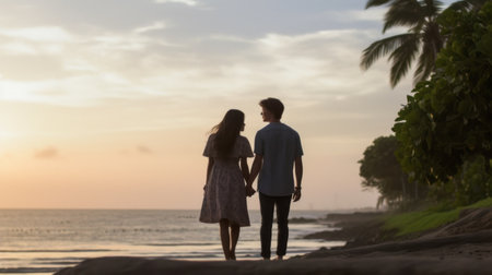 a couple is captured walking on a beach during sunset in fide ltd on paulini beach. the photo is taken with provia and showcases the enigmatic tropics and domestic intimacy. the style of the photo is reminiscent of rupi kaur, joel robison, and fernando amorsolo. the image is non-representational, yet it captures the essence of a romantic moment between two people in a beautiful setting.の素材