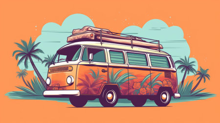 the vw camper van and palm tree are the perfect combination for a tropical getaway. this graphic design-inspired illustration features a sunny background with a dark beige and orange color scheme. the mind-bending murals and colorful storytelling make this image stand out. classic american cars and animated gifs add to the overall vibe of this 3840x2160 image. ai generatedの素材